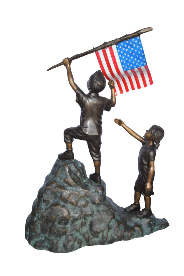 Two Kids on Rock W the American Flag Bronze Statue -  Size: 50"L x 22"W x 58"H. - Image 3