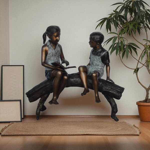 Two Kids on a tree log reading Bronze Statue Large -  Size: 44"L x 17"W x 42"H. - Image 2