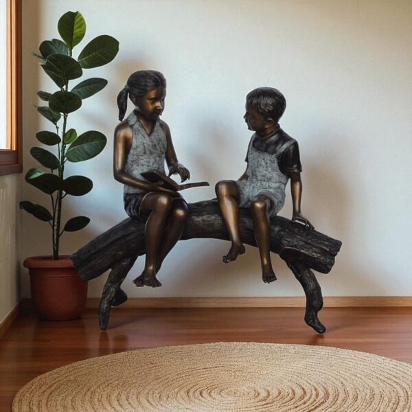 Two Kids on a tree log reading Bronze Statue Large -  Size: 44"L x 17"W x 42"H. - Image 3