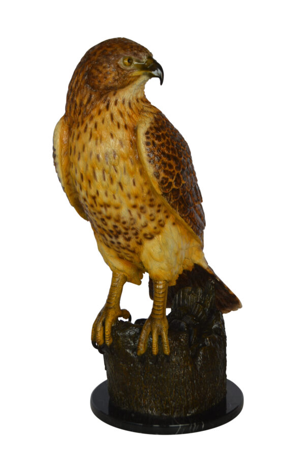 Hawk Bronze Statue standing on Stump on Marble -  Size: 12"L x 15"W x 29"H.
