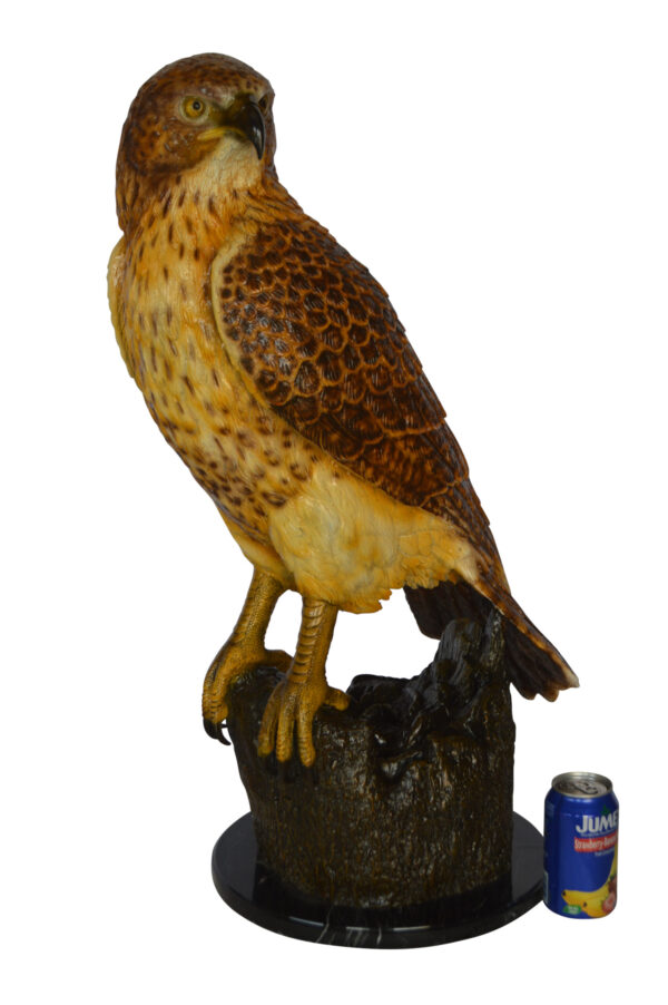 Hawk Bronze Statue standing on Stump on Marble -  Size: 12"L x 15"W x 29"H. - Image 11