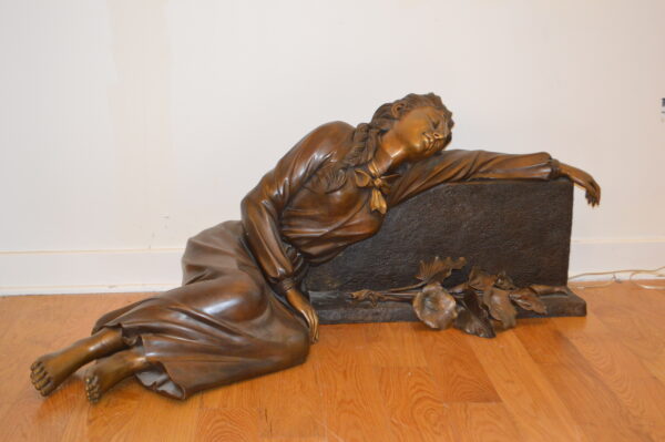 Lady With Flowers on Tombstone Bronze Statue -  Size: 62"L x 32"W x 24"H. - Image 12