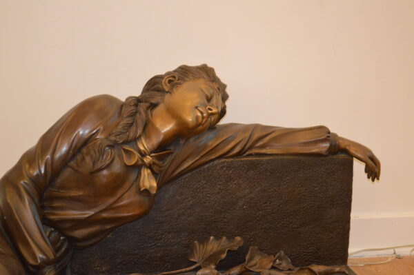 Lady With Flowers on Tombstone Bronze Statue -  Size: 62"L x 32"W x 24"H. - Image 11