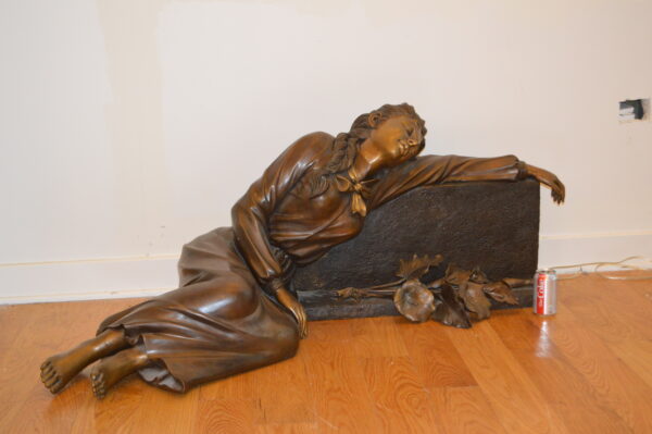 Lady With Flowers on Tombstone Bronze Statue -  Size: 62"L x 32"W x 24"H. - Image 10