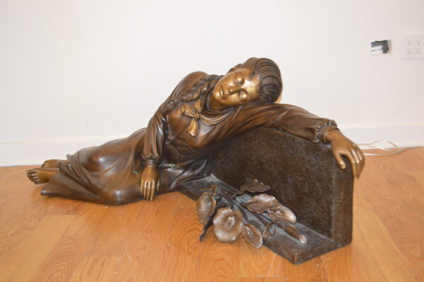 Lady With Flowers on Tombstone Bronze Statue -  Size: 62"L x 32"W x 24"H. - Image 9