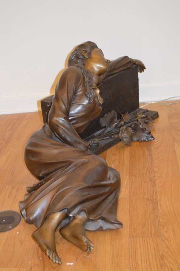 Lady With Flowers on Tombstone Bronze Statue -  Size: 62"L x 32"W x 24"H. - Image 3