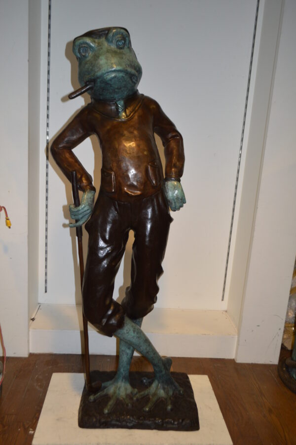 Frog With Cigar Plays Golf Bronze Statue -  Size: 24"L x 15"W x 64"H. - Image 2