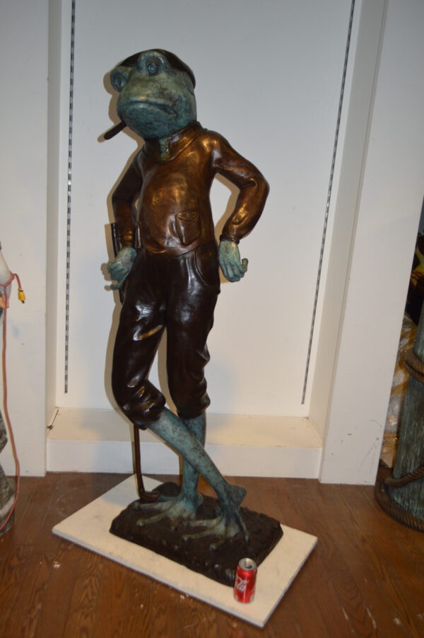 Frog With Cigar Plays Golf Bronze Statue -  Size: 24"L x 15"W x 64"H. - Image 3