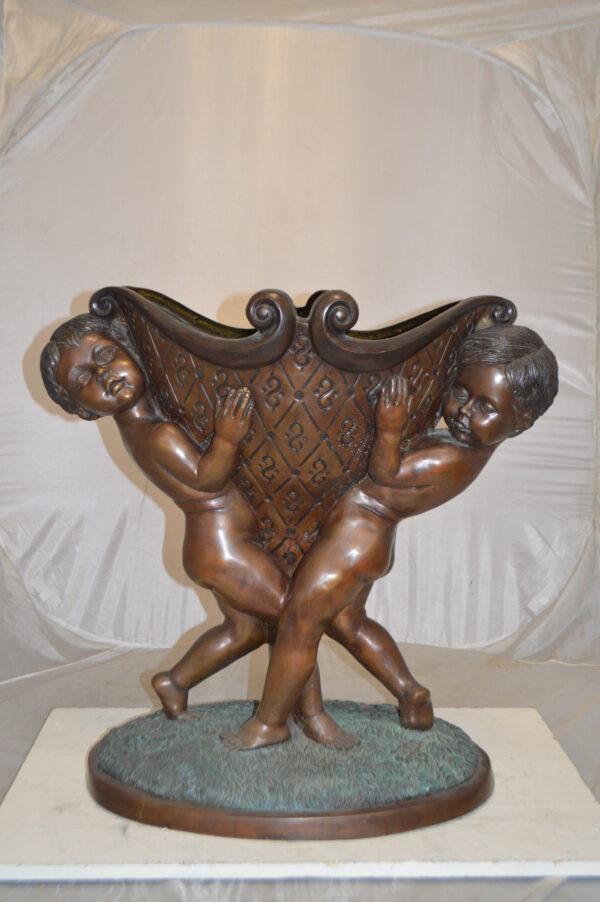 Two Kids Holding a Pot Bronze Statue Fountain -  Size: 28"L x 17"W x 29"H. - Image 7