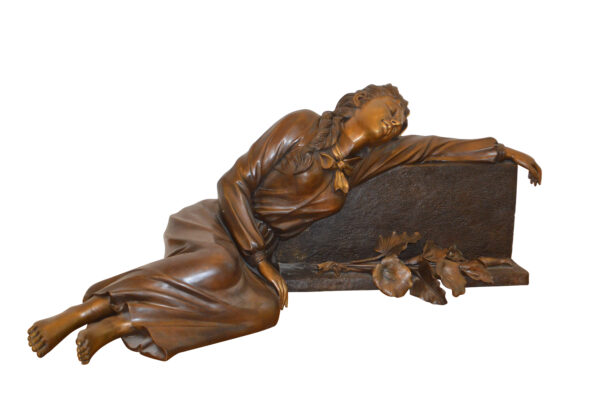 Lady With Flowers on Tombstone Bronze Statue -  Size: 62"L x 32"W x 24"H.