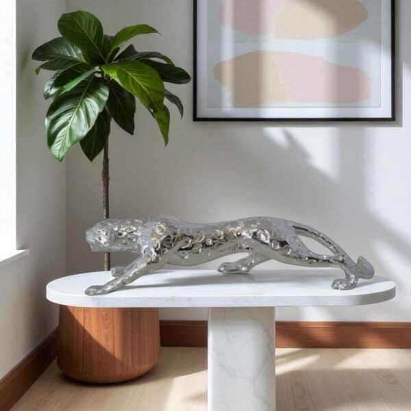 Modern Art Silver Jaguar Statue Made of Resin -  Size: 23"L x 6"W x 7"H. - Image 3