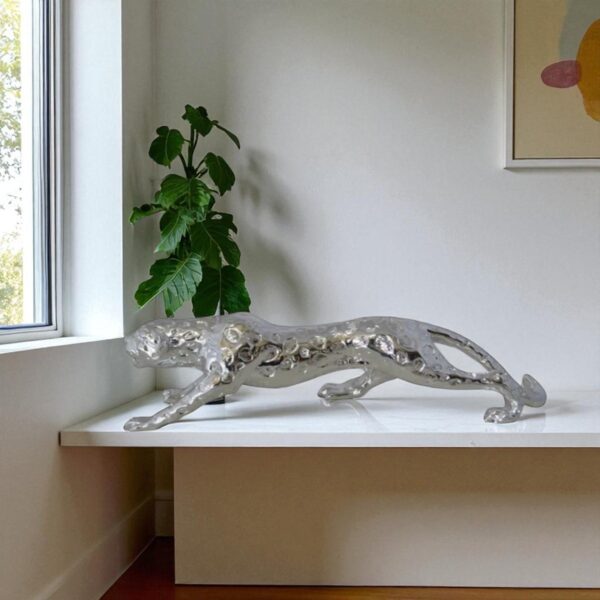 Modern Art Silver Jaguar Statue Made of Resin -  Size: 23"L x 6"W x 7"H. - Image 2
