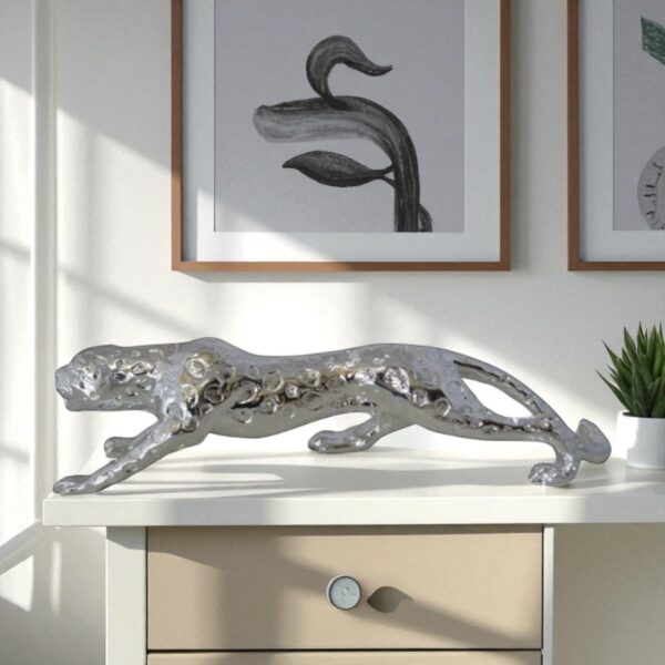 Modern Art Silver Jaguar Statue Made of Resin -  Size: 23"L x 6"W x 7"H. - Image 3