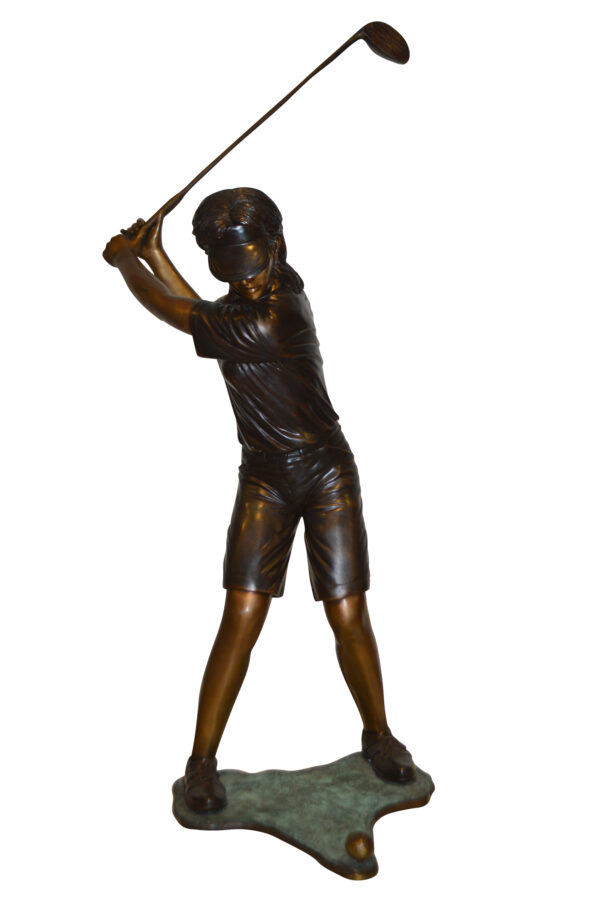 Susan Plays Golf Bronze Statue -  Size: 18"L x 23"W x 47"H.