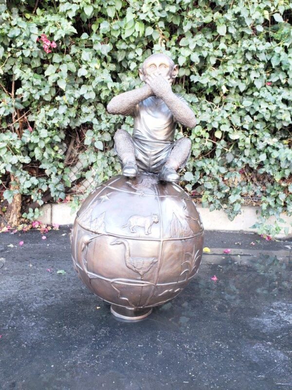 Bronze Statue of a Monkey on an Ornate Ball -  Size: 23"L x 23"W x 44"H. - Image 2