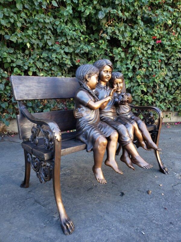 Three kids on a Bench Holding a Bird Bronze Statue -  Size: 40"L x 30"W x 33"H. - Image 3