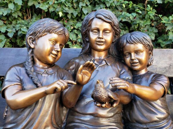 Three kids on a Bench Holding a Bird Bronze Statue -  Size: 40"L x 30"W x 33"H. - Image 5