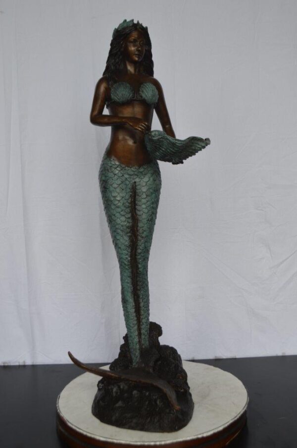 Mermaid Holding a Shell Bronze Fountain -  Size: 18"L x 19"W x 46"H. - Image 2
