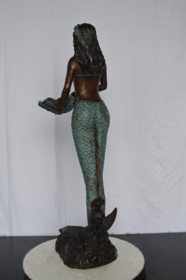 Mermaid Holding a Shell Bronze Fountain -  Size: 18"L x 19"W x 46"H. - Image 7