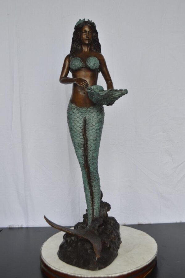 Mermaid Holding a Shell Bronze Fountain -  Size: 18"L x 19"W x 46"H. - Image 12
