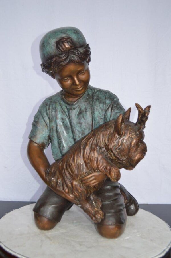 Young Child Playing With His Dog Bronze Statue -  Size: 18"L x 17"W x 26"H. - Image 2