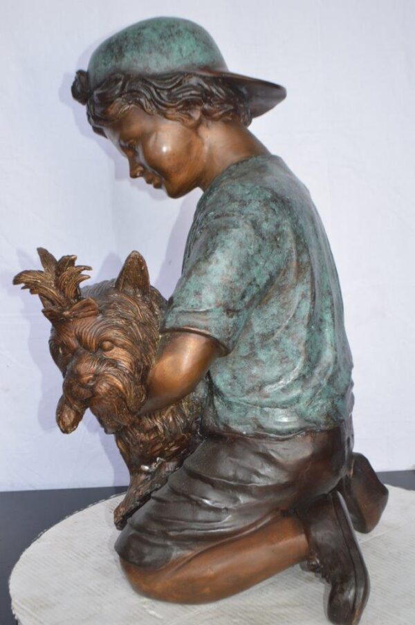 Young Child Playing With His Dog Bronze Statue -  Size: 18"L x 17"W x 26"H. - Image 9