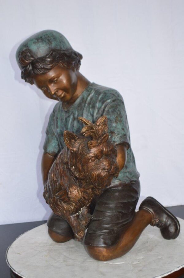 Young Child Playing With His Dog Bronze Statue -  Size: 18"L x 17"W x 26"H. - Image 11