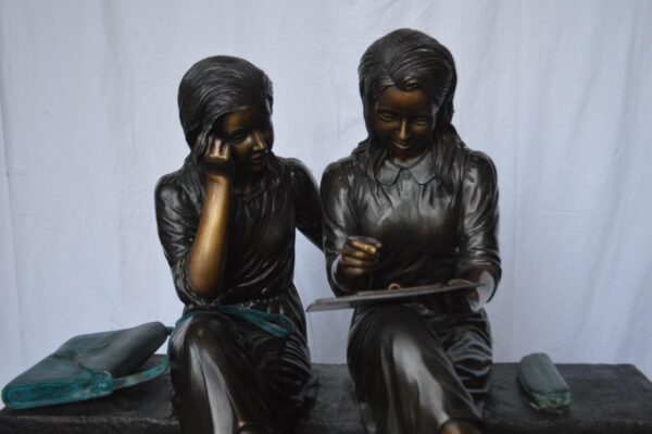 Two Schoolgirls Sitting On a Bench Bronze Statue -  Size: 45"L x 24"W x 41"H. - Image 2