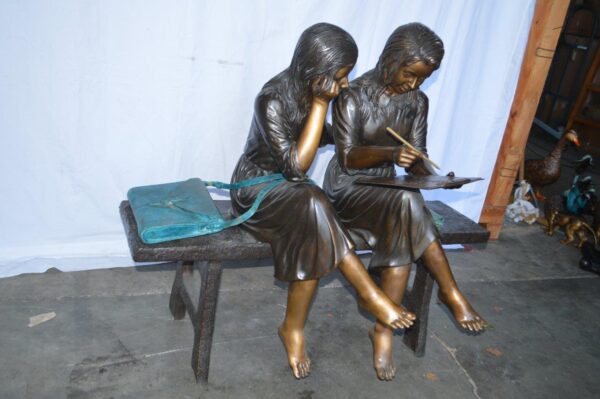 Two Schoolgirls Sitting On a Bench Bronze Statue -  Size: 45"L x 24"W x 41"H. - Image 5