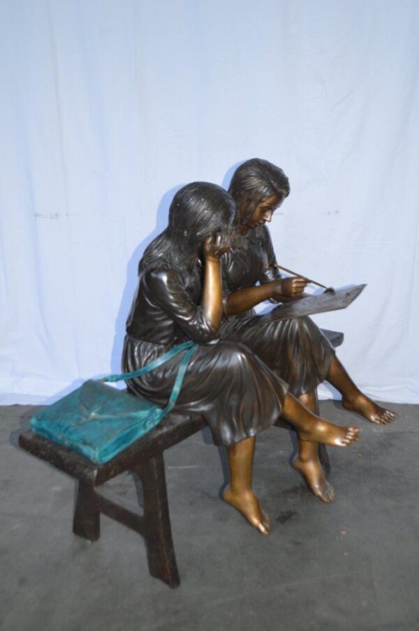 Two Schoolgirls Sitting On a Bench Bronze Statue -  Size: 45"L x 24"W x 41"H. - Image 6