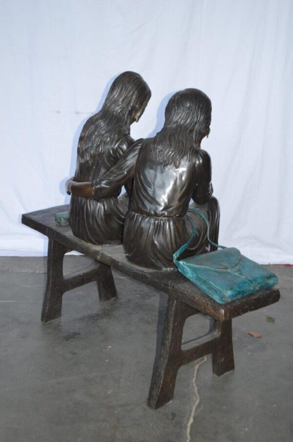 Two Schoolgirls Sitting On a Bench Bronze Statue -  Size: 45"L x 24"W x 41"H. - Image 8