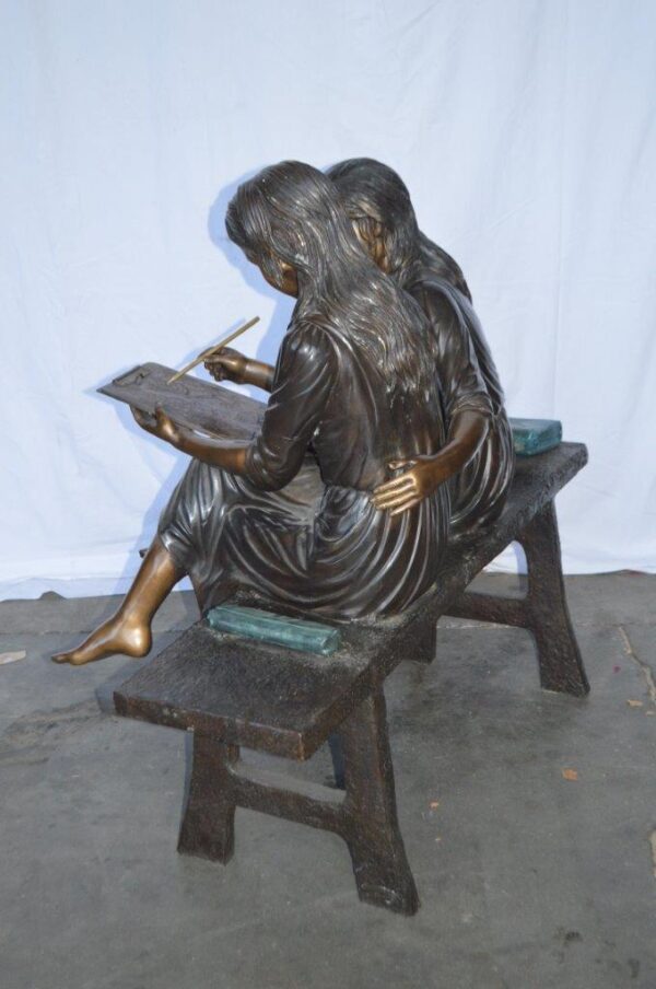 Two Schoolgirls Sitting On a Bench Bronze Statue -  Size: 45"L x 24"W x 41"H. - Image 10