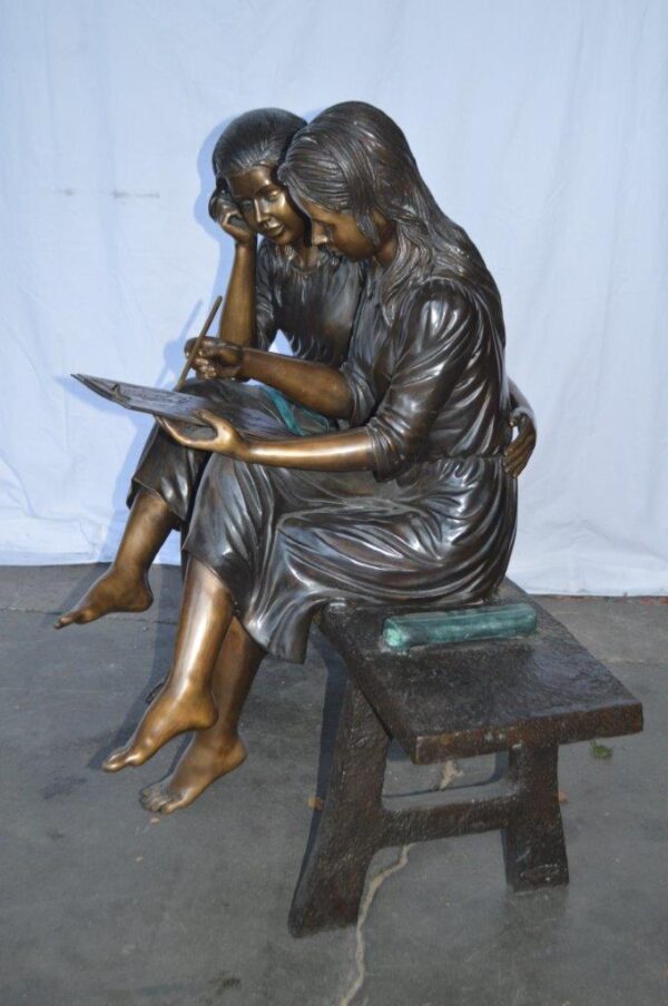 Two Schoolgirls Sitting On a Bench Bronze Statue -  Size: 45"L x 24"W x 41"H. - Image 11