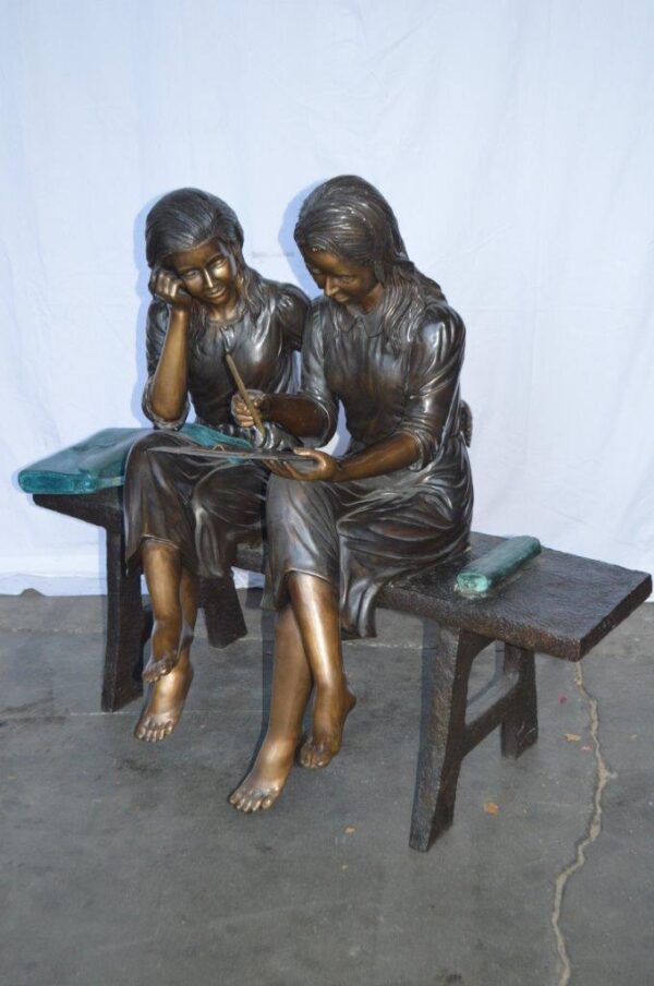 Two Schoolgirls Sitting On a Bench Bronze Statue -  Size: 45"L x 24"W x 41"H. - Image 13