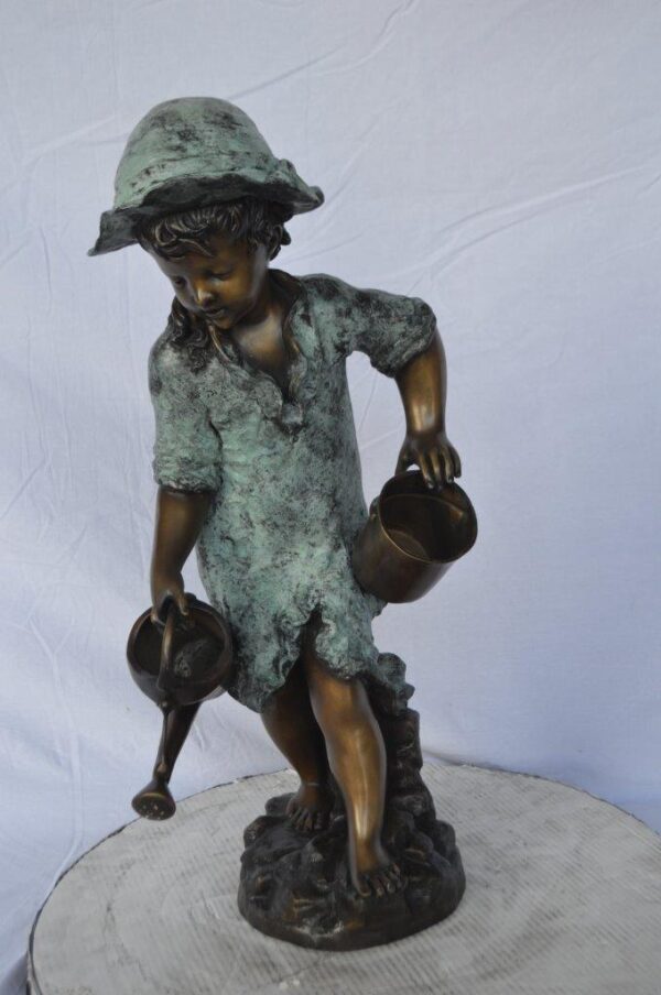 Young girl gardening bronze fountain statue -  Size: 12"L x 14"W x 28"H. - Image 2