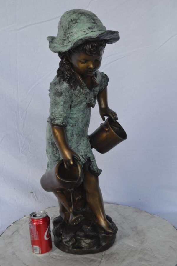Young girl gardening bronze fountain statue -  Size: 12"L x 14"W x 28"H. - Image 3