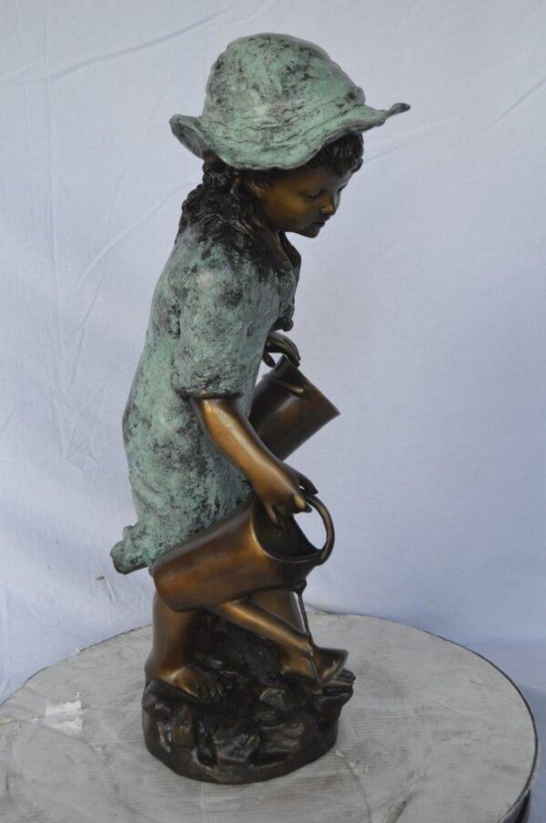 Young girl gardening bronze fountain statue -  Size: 12"L x 14"W x 28"H. - Image 4