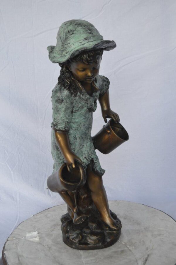 Young girl gardening bronze fountain statue -  Size: 12"L x 14"W x 28"H. - Image 11