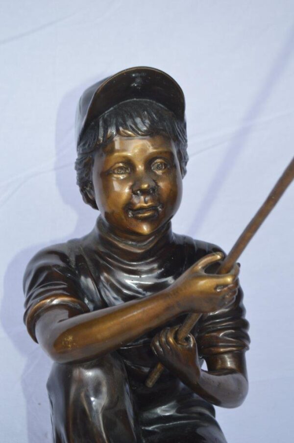 Young Boy sitting on a rock fishing bronze statue -  Size: 31"L x 9"W x 33"H. - Image 3