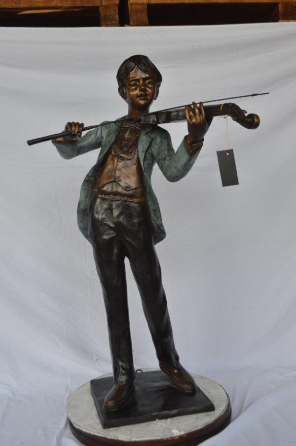 Boy playing violin large bronze statue -  Size: 31"L x 31"W x 50"H. - Image 2