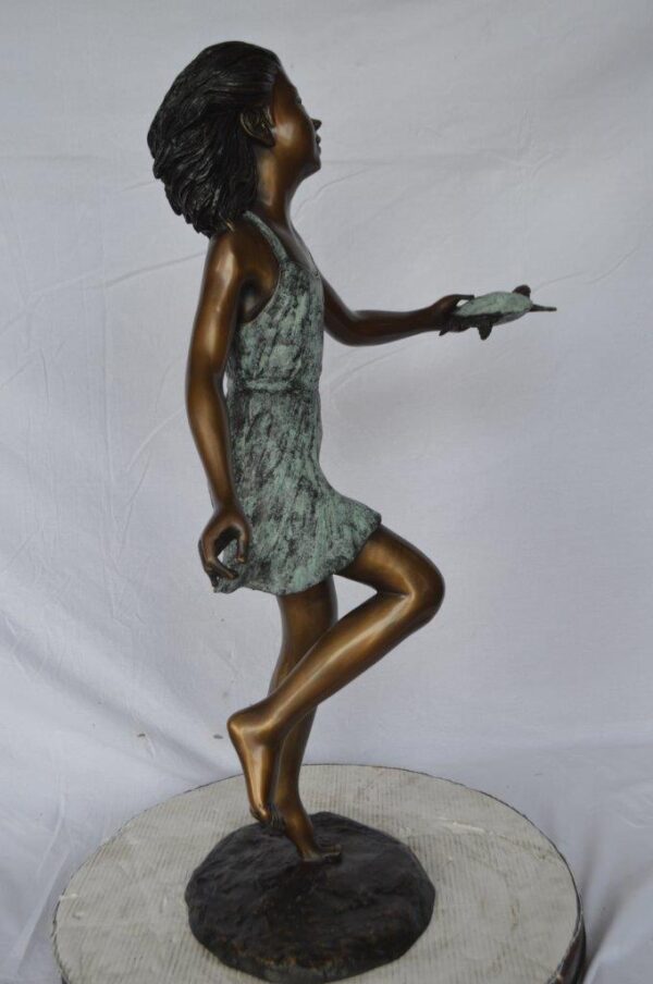 Girl holding turtle bronze fountain statue -  Size: 26"L x 19"W x 37"H. - Image 6