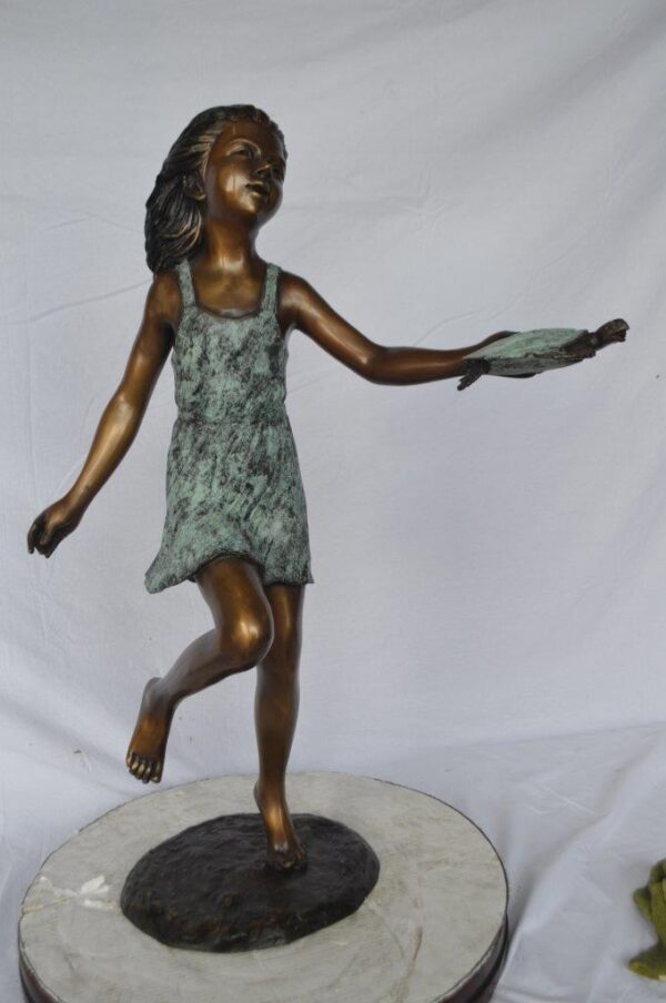 Girl holding turtle bronze fountain statue -  Size: 26"L x 19"W x 37"H. - Image 2