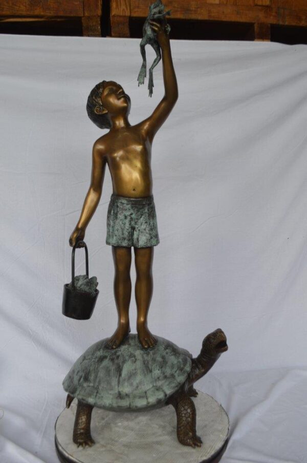 Boy on turtle holding frog bronze fountain statue -  Size: 24"L x 18"W x 55"H. - Image 2