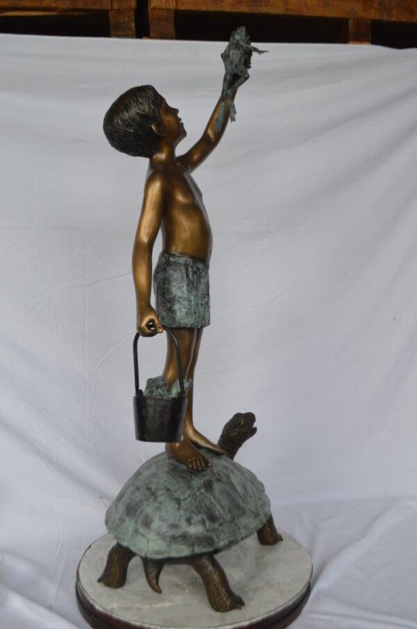 Boy on turtle holding frog bronze fountain statue -  Size: 24"L x 18"W x 55"H. - Image 4