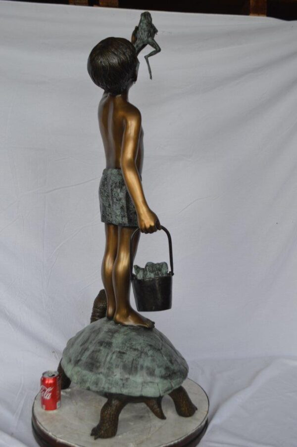 Boy on turtle holding frog bronze fountain statue -  Size: 24"L x 18"W x 55"H. - Image 5