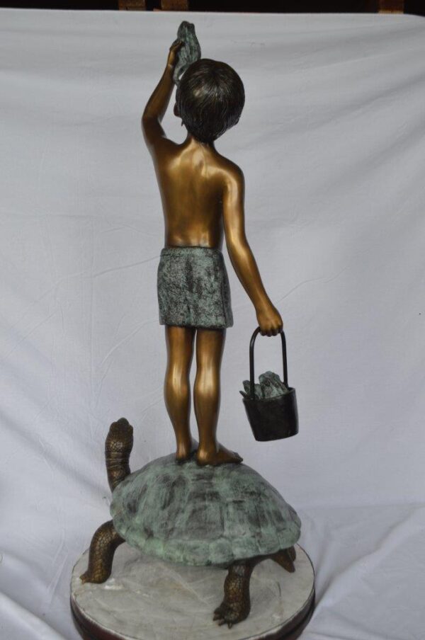 Boy on turtle holding frog bronze fountain statue -  Size: 24"L x 18"W x 55"H. - Image 6