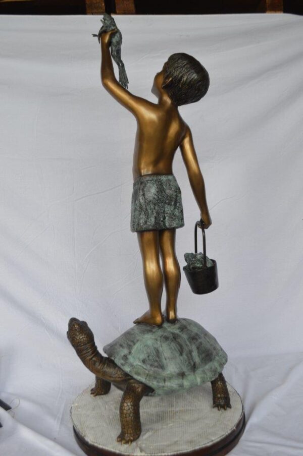 Boy on turtle holding frog bronze fountain statue -  Size: 24"L x 18"W x 55"H. - Image 7