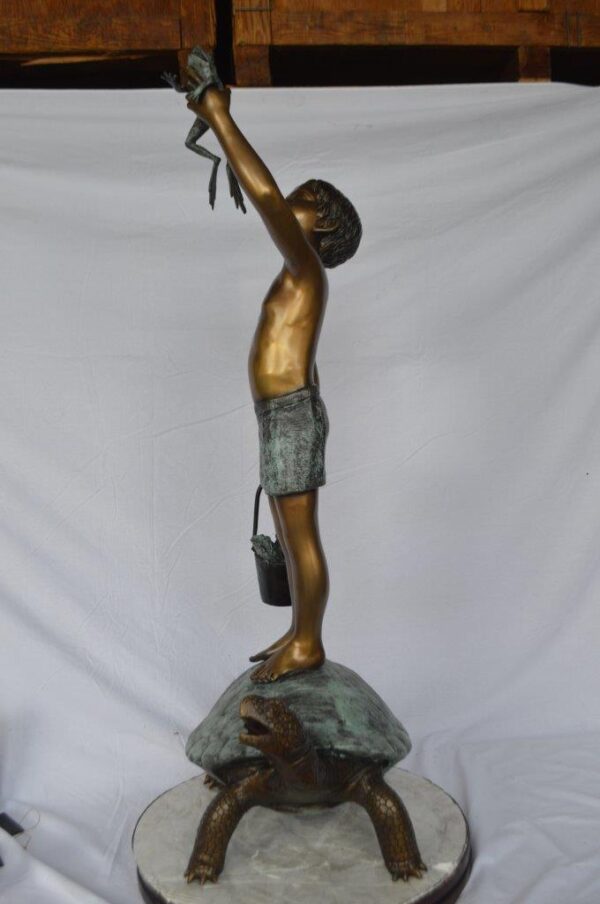 Boy on turtle holding frog bronze fountain statue -  Size: 24"L x 18"W x 55"H. - Image 8