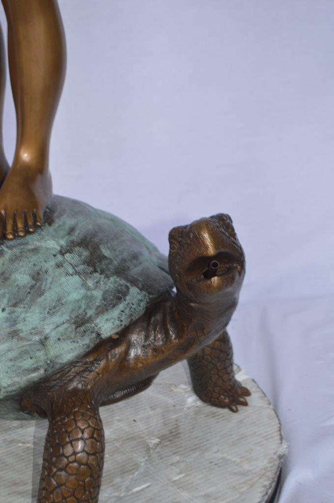 Boy on turtle holding frog bronze fountain statue - Size: 24L x 18W x  55H.