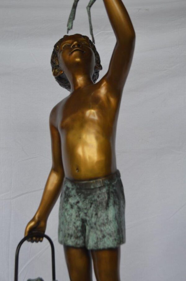 Boy on turtle holding frog bronze fountain statue -  Size: 24"L x 18"W x 55"H. - Image 10